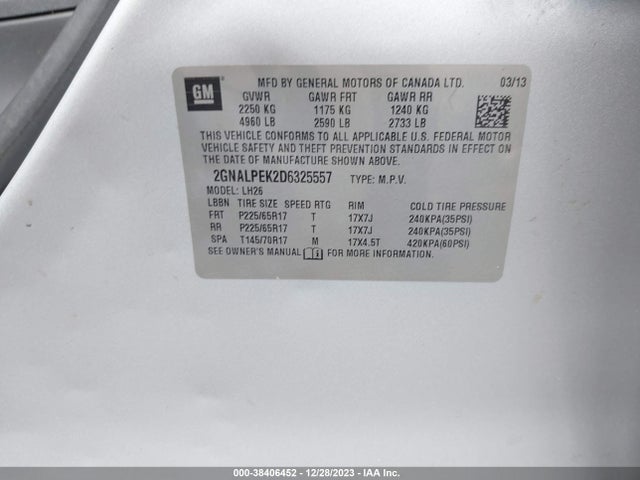 2013 CHEVROLET EQUINOX 2LT VIN: 2GNALPEK2D6325557
