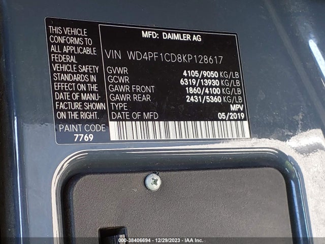 2019 MERCEDES-BENZ SPRINTER 2500 HIGH ROOF V6 VIN: WD4PF1CD8KP128617