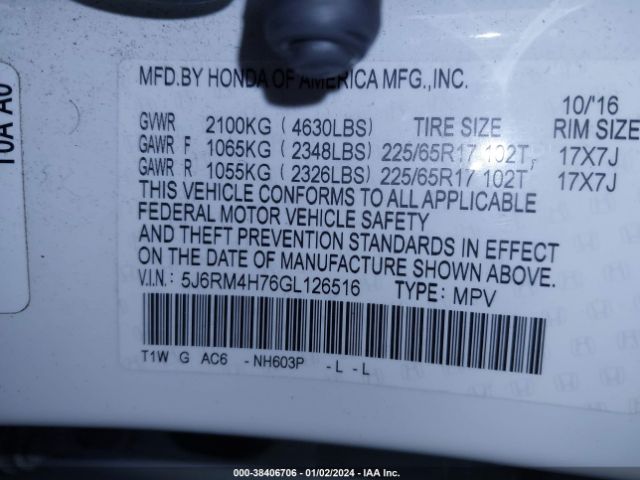 5J6RM4H76GL126516 Honda Cr-v Ex-l