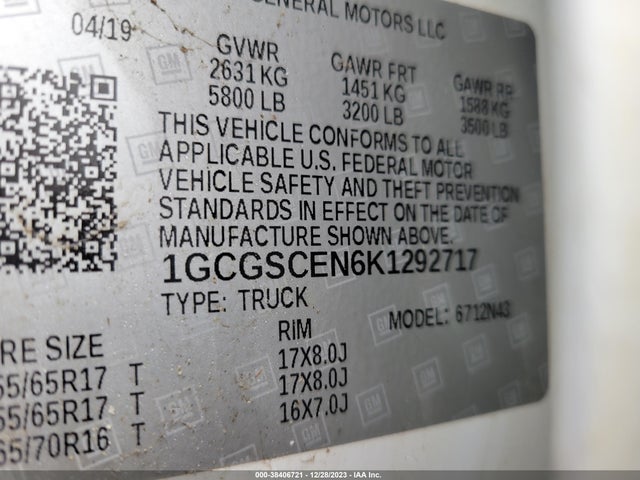 2019 CHEVROLET COLORADO VIN: 1GCGSCEN6K1292717