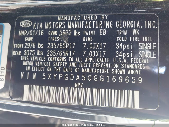 KIA Sorento 3.3l Lx 2016 5XYPGDA50GG169659 Image 9