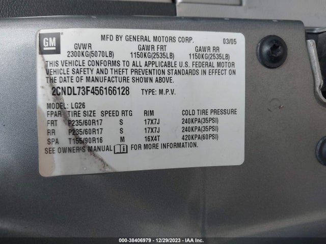 2005 CHEVROLET EQUINOX LT VIN: 2CNDL73F456166128