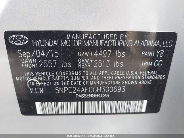 2016 HYUNDAI SONATA SE VIN: 5NPE24AF0GH300693
