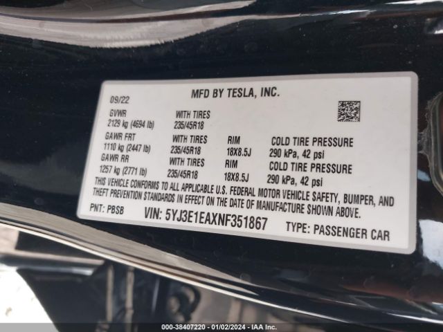 5YJ3E1EAXNF351867 Tesla Model 3 Rear-wheel Drive