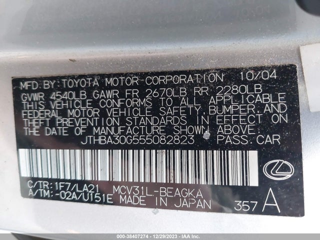 2005 LEXUS ES 330 VIN: JTHBA30G555082823