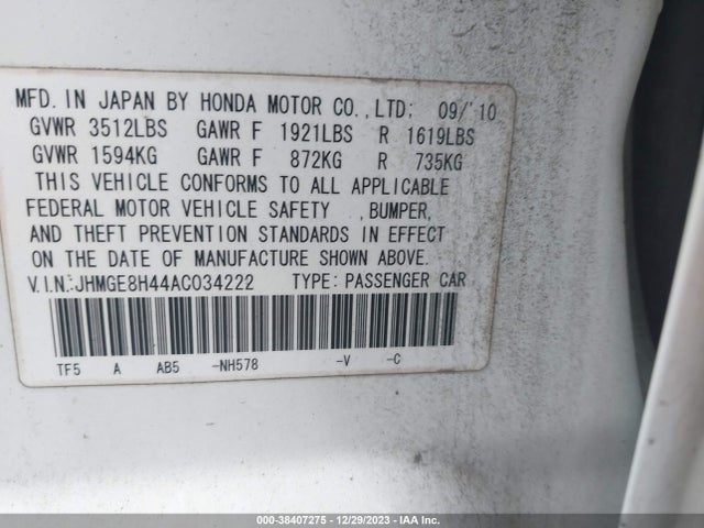 2010 HONDA FIT SPORT VIN: JHMGE8H44AC034222