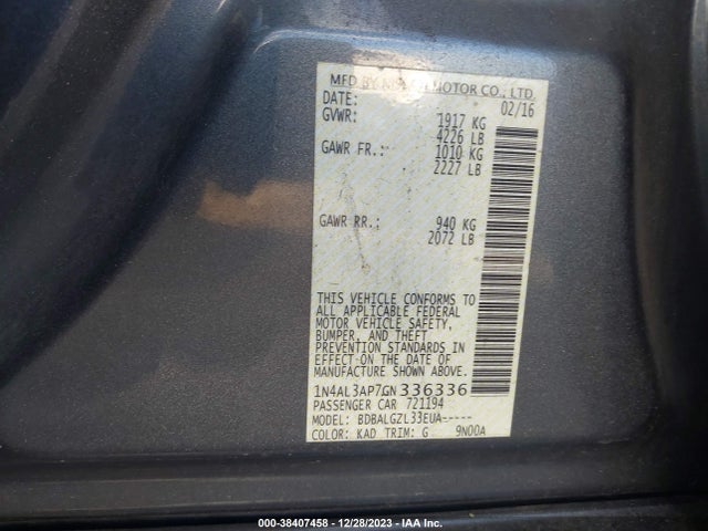 2016 NISSAN ALTIMA 2.5/2.5 S/2.5 SL/2.5 SR/2.5 SV VIN: 1N4AL3AP7GN336336