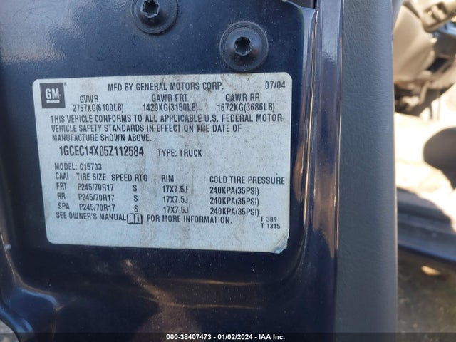 2005 CHEVROLET SILVERADO 1500 WORK TRUCK VIN: 1GCEC14X05Z112584