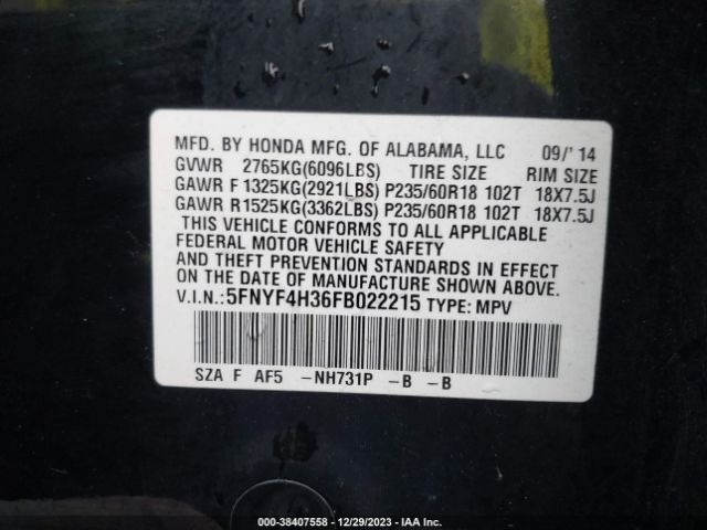 5FNYF4H36FB022215 Honda PILOT SE