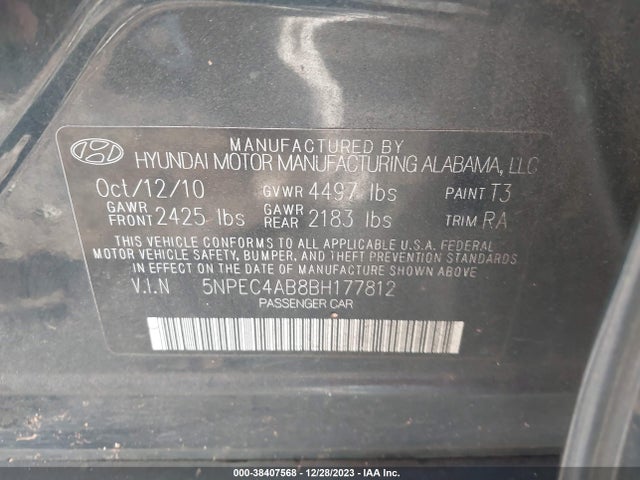 2011 HYUNDAI SONATA SE 2.0T VIN: 5NPEC4AB8BH177812