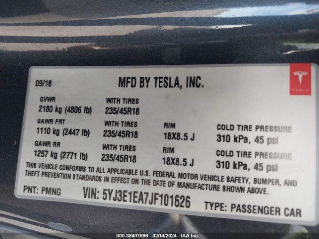 5YJ3E1EA7JF101626 Tesla Model 3 Long Range/mid Range