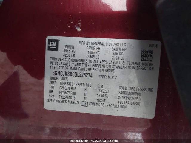 Chevrolet Trax 1ls 2016 3GNCJKSB8GL225274 Image 9
