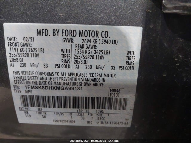 2021 FORD EXPLORER XLT VIN: 1FMSK8DHXMGA99131