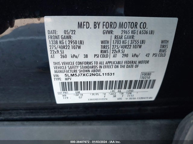 2022 LINCOLN AVIATOR RESERVE VIN: 5LM5J7XC2NGL11531