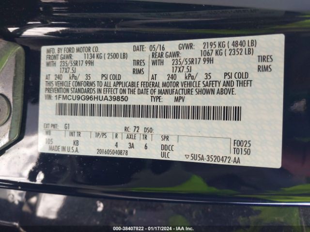 1FMCU9G96HUA39850 Ford ESCAPE SE
