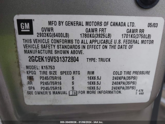 2003 CHEVROLET SILVERADO 1500 LS VIN: 2GCEK19V531372804