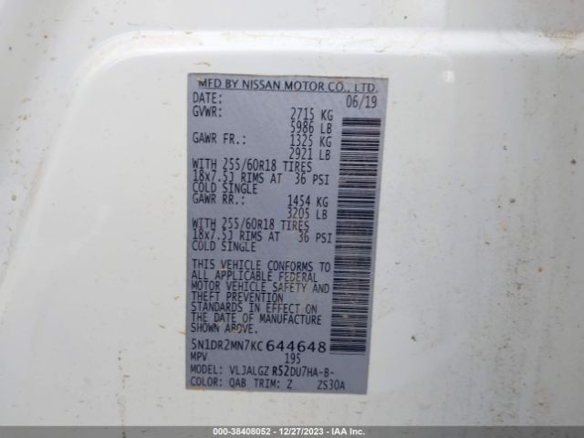 5N1DR2MN7KC644648 Nissan Pathfinder Sl