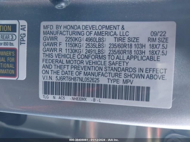 5J6RT6H87NL052625 Honda Cr-v Hybrid Ex-l