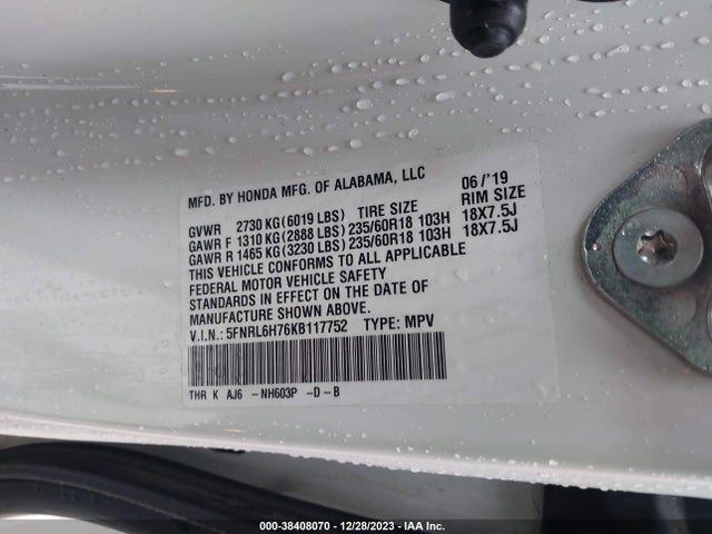 Honda Odyssey Ex-l 2019 5FNRL6H76KB117752 Image 9