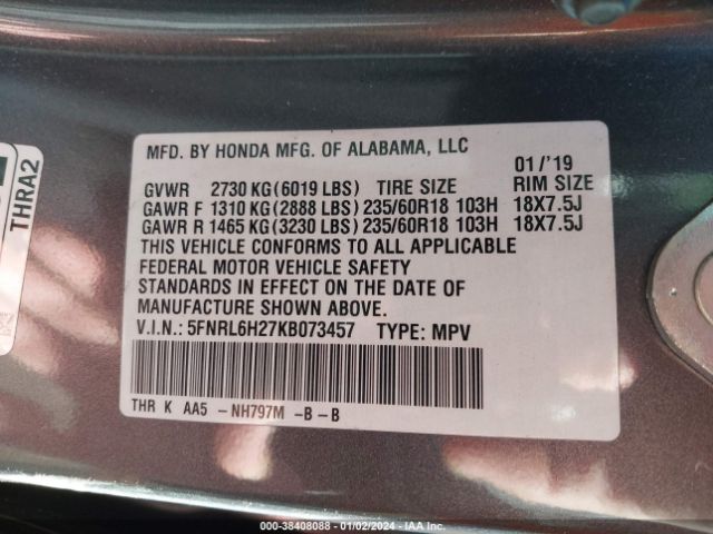 5FNRL6H27KB073457 Honda ODYSSEY LX