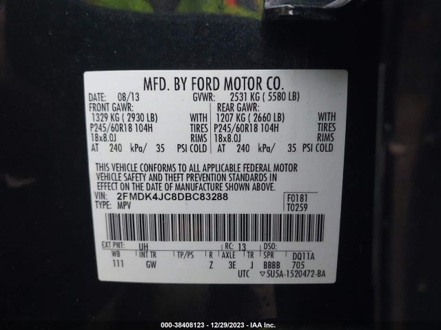 2013 FORD EDGE SEL VIN: 2FMDK4JC8DBC83288