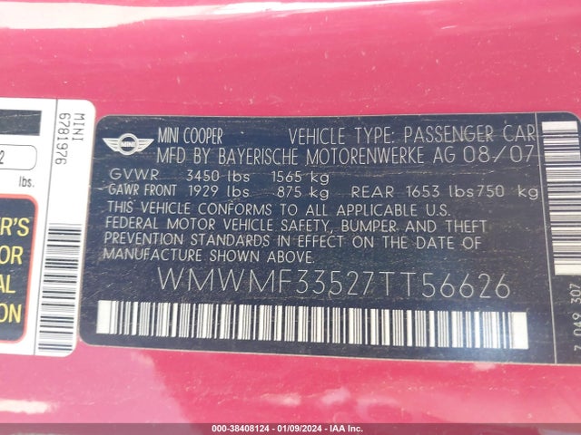 2007 MINI COOPER WMWMF33527TT56626 Photo 8
