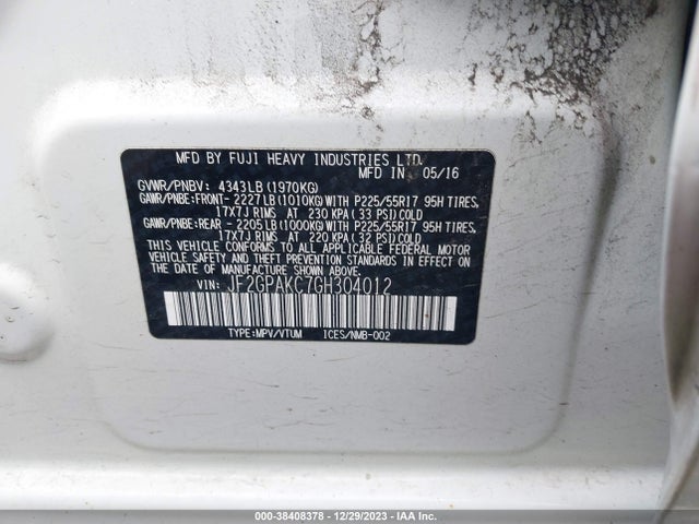 2016 SUBARU CROSSTREK 2.0I LIMITED VIN: JF2GPAKC7GH304012