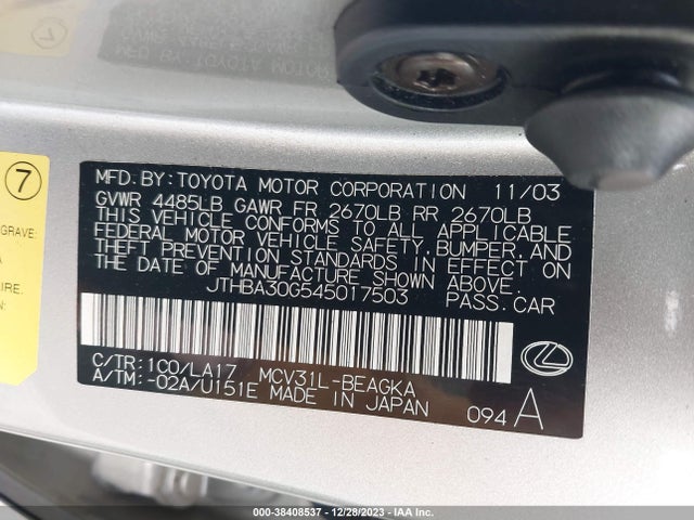 2004 LEXUS ES 330 VIN: JTHBA30G545017503
