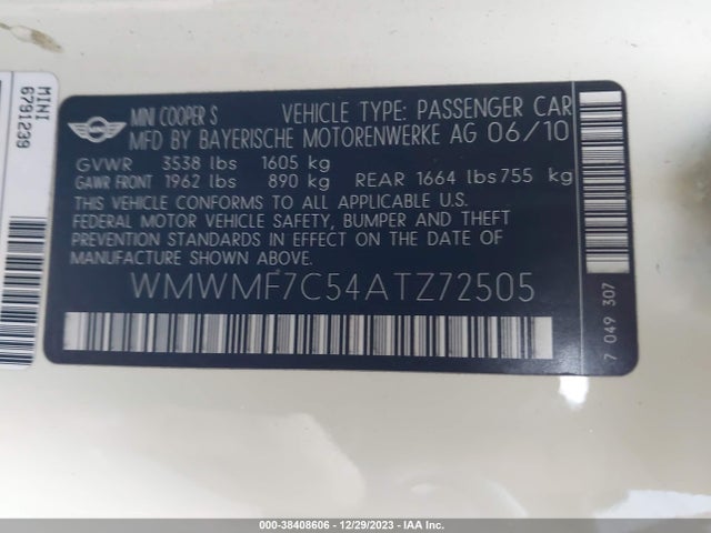 2010 MINI COOPER S WMWMF7C54ATZ72505 Photo 8
