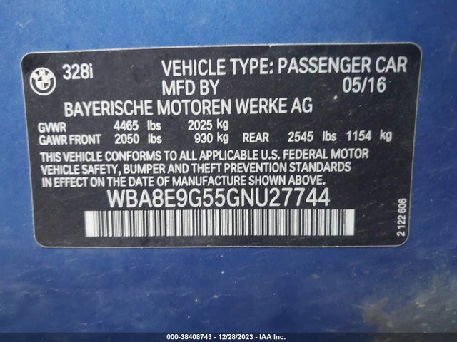 BMW 328I 2016 WBA8E9G55GNU27744 Image 9