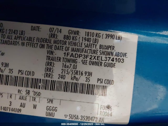 2014 FORD FOCUS SE VIN: 1FADP3F2XEL374103