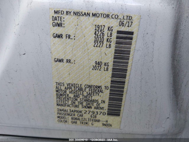 2017 NISSAN ALTIMA 2.5 SV VIN: 1N4AL3APXHC279370