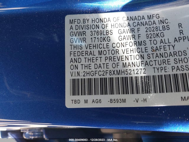 2021 HONDA CIVIC SPORT VIN: 2HGFC2F8XMH521272