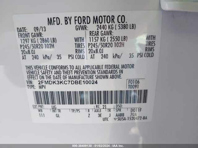 2013 FORD EDGE LIMITED VIN: 2FMDK3KC7DBE10024