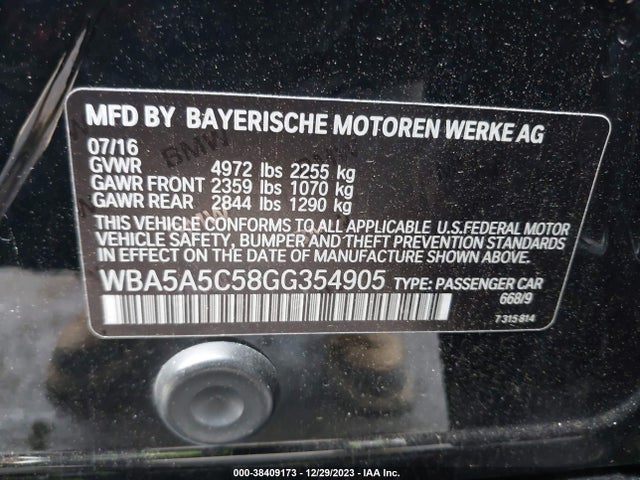 BMW 528I 2016 WBA5A5C58GG354905 Image 9
