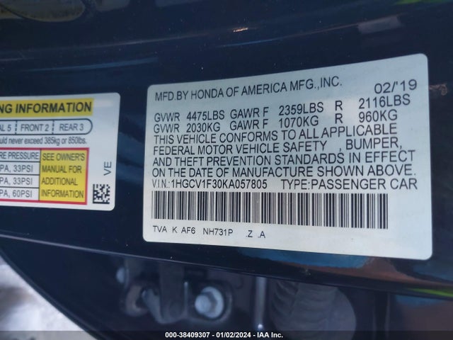 2019 HONDA ACCORD SPORT VIN: 1HGCV1F30KA057805