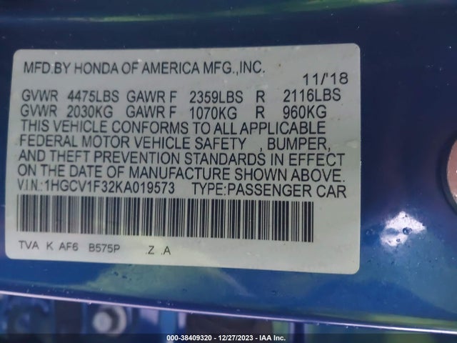 2019 HONDA ACCORD SPORT VIN: 1HGCV1F32KA019573