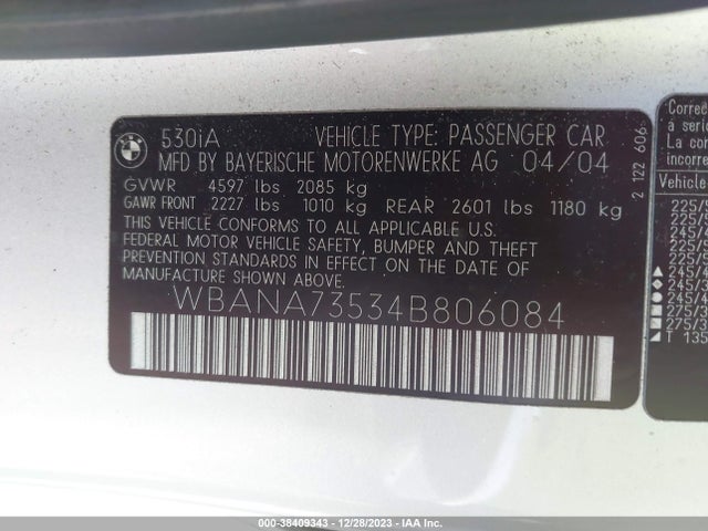 2004 BMW 530I VIN: WBANA73534B806084