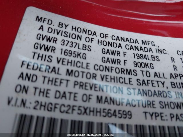 Honda Civic Lx 2017 2HGFC2F5XHH564599 Image 9