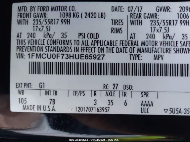1FMCU0F73HUE65927 Ford ESCAPE S