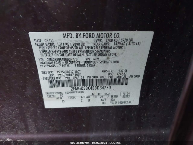 2011 FORD FLEX SE VIN: 2FMGK5BC4BBD34770