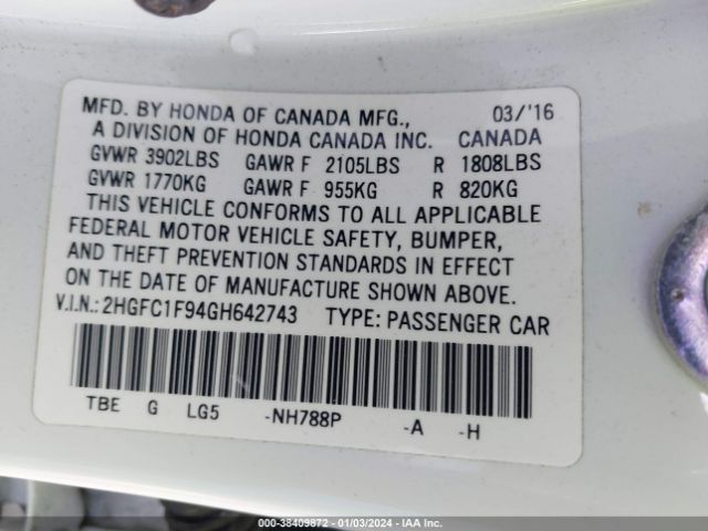 2HGFC1F94GH642743 Honda Civic Touring