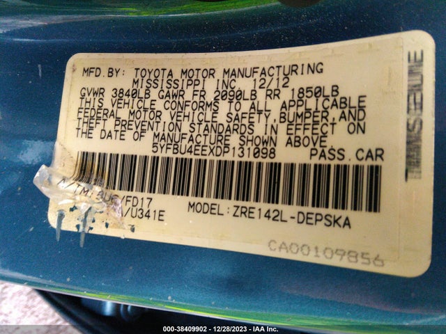 2013 TOYOTA COROLLA S VIN: 5YFBU4EEXDP131098