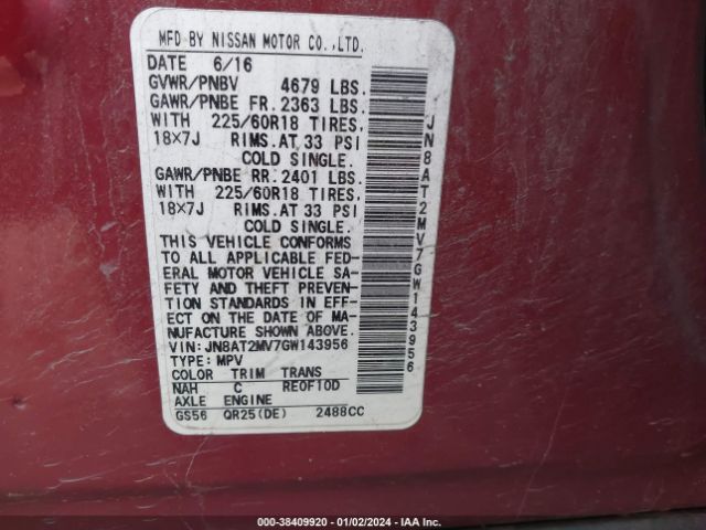 JN8AT2MV7GW143956 Nissan Rogue Sl