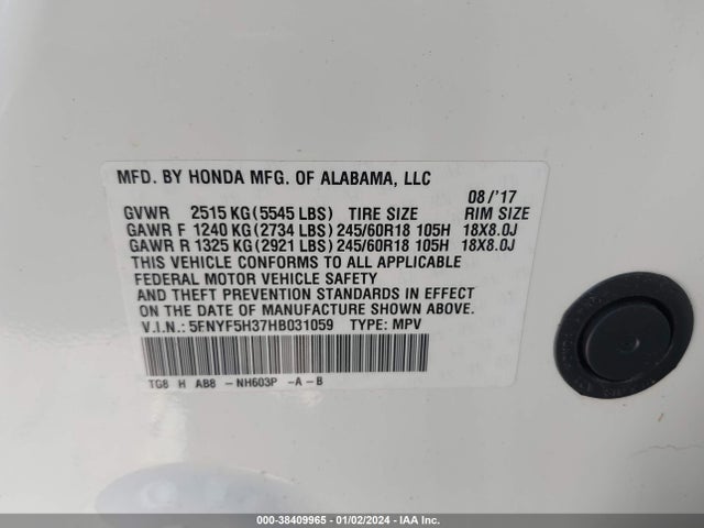 Honda Pilot Ex 2017 5FNYF5H37HB031059 Image 9