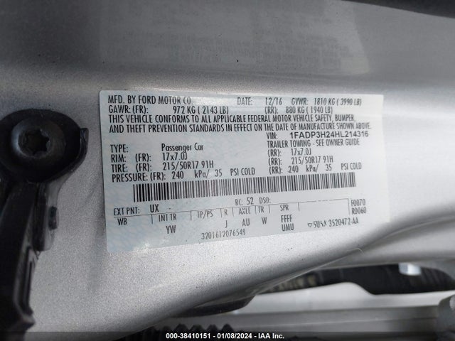 Aukcja sprzedaży 2017 Ford Focus Sel, vin: 1FADP3H24HL214316, numer aukcji: 38410151