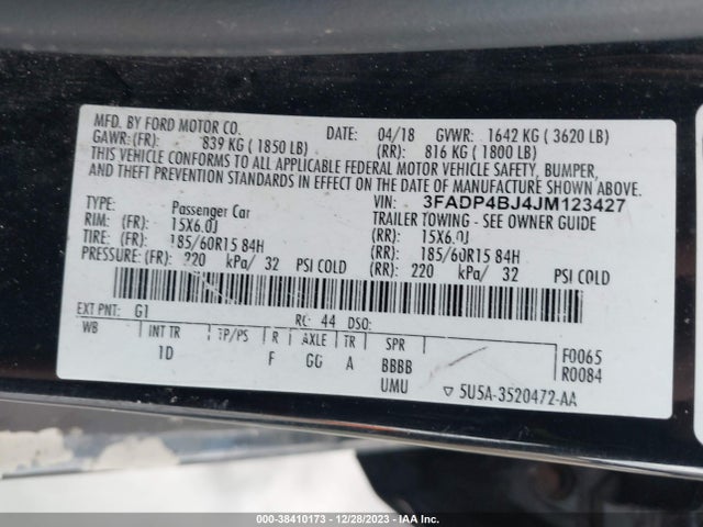 2018 FORD FIESTA SE VIN: 3FADP4BJ4JM123427