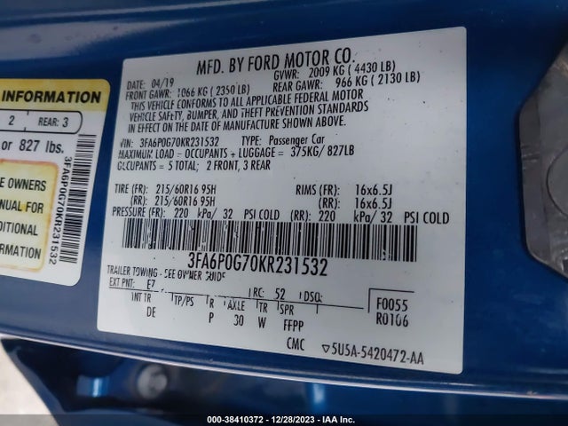 Ford FUSION S 2019 3FA6P0G70KR231532 Image 9