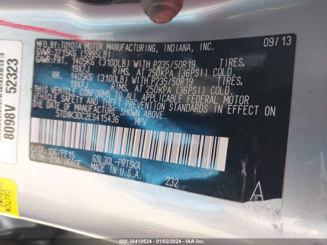 2014 TOYOTA SIENNA SE 8 PASSENGER VIN: 5TDXK3DC2ES415436