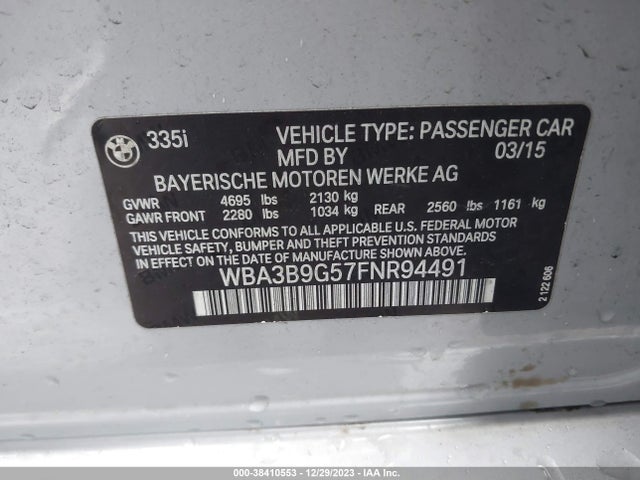 BMW 335i Xdrive 2015 WBA3B9G57FNR94491 Image 9